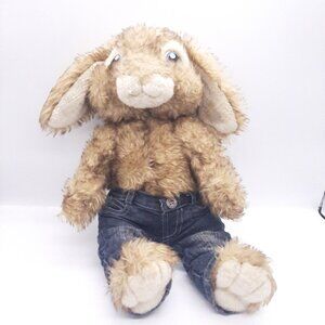 Build-A-Bear Hop Brown Fluffy Bunny Plush Wearing Denim Jeans White Tail
